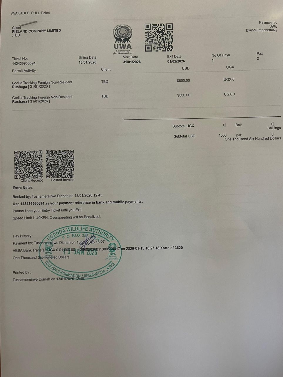 Gorilla Trekking Permit for Bwindi .