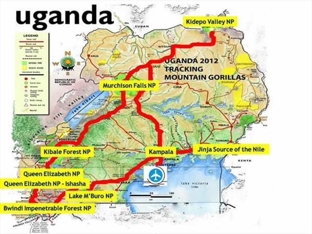 Map showing the routes of Best 21 Days Uganda Safari-Pieland Gorilla Safaris