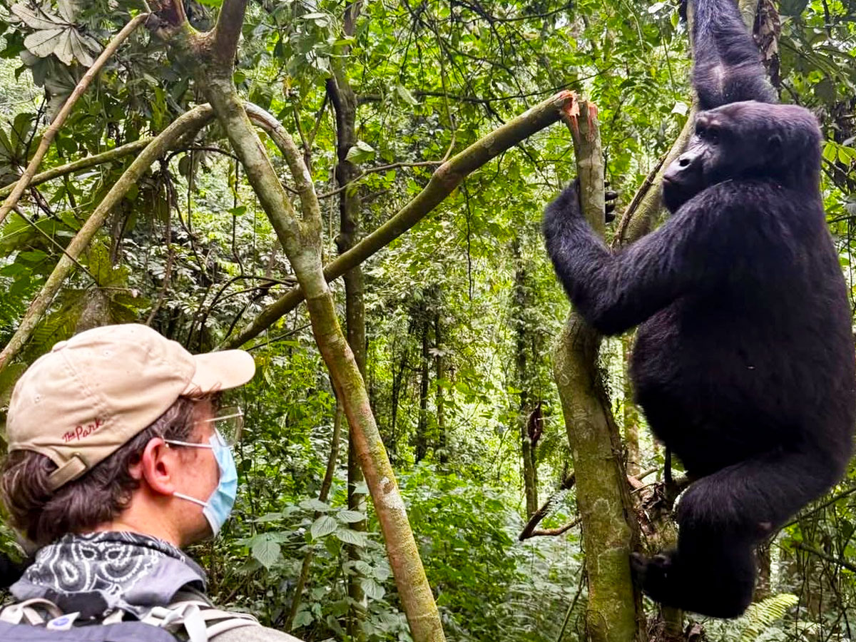 A traveler enjoys the moment of the adventure planned by Pieland Gorilla Safaris.