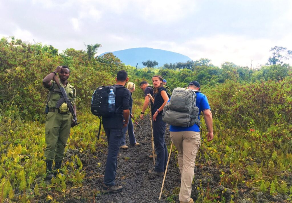 Hiking Mountain Nyiragongo in Virunga National Park with Pieland Gorilla Safaris.