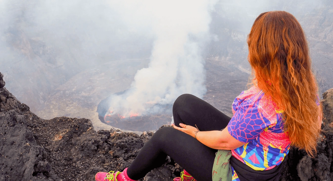 A tourist hiked mountain Nyiragongo after gorilla trekking.