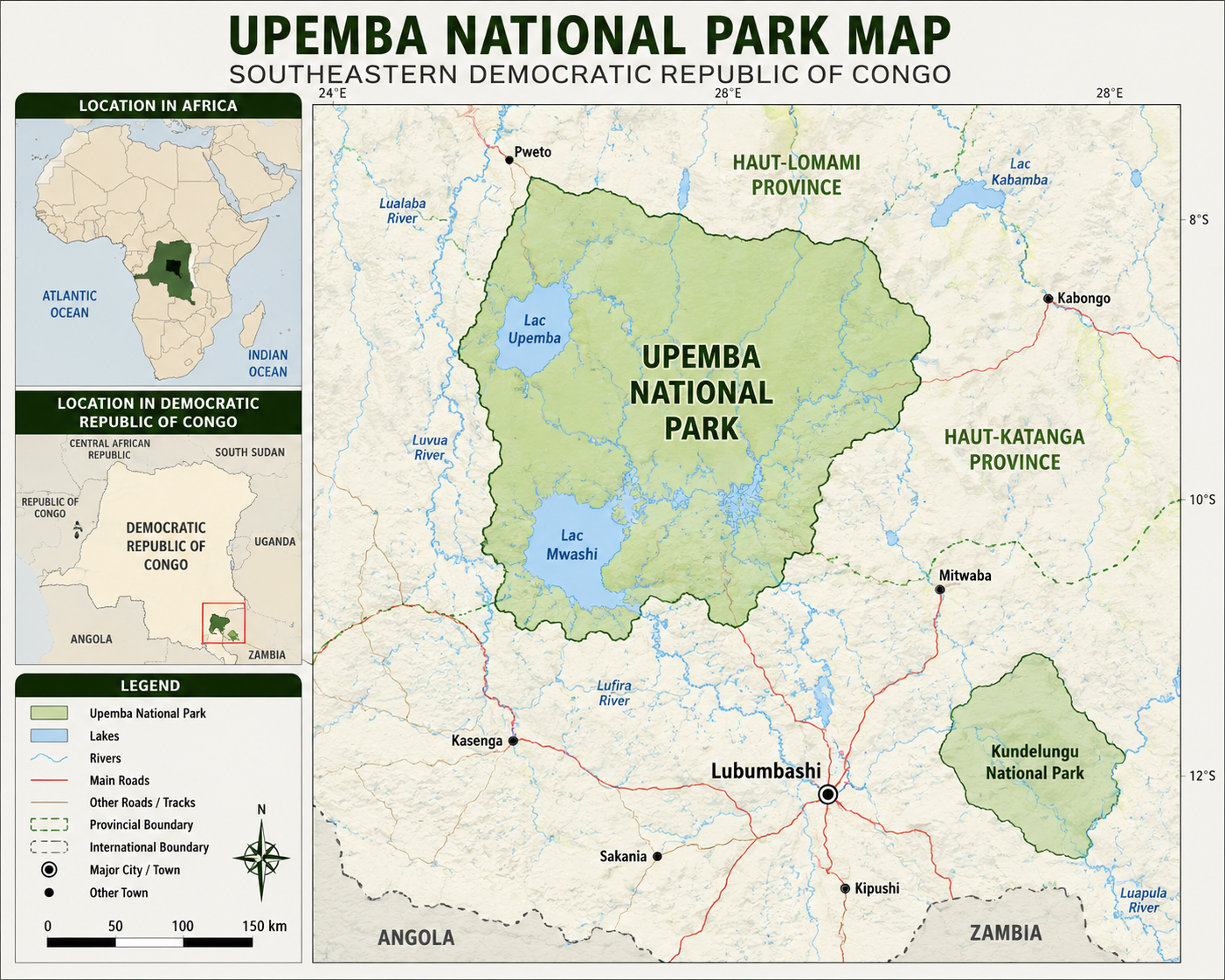 Upemba National Park map showing it's location.