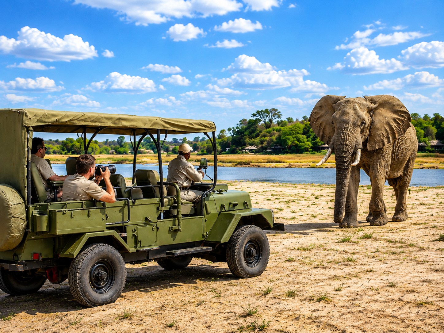 Family experiencing wildlife viewing during a Chobe National Park safari in Botswana.