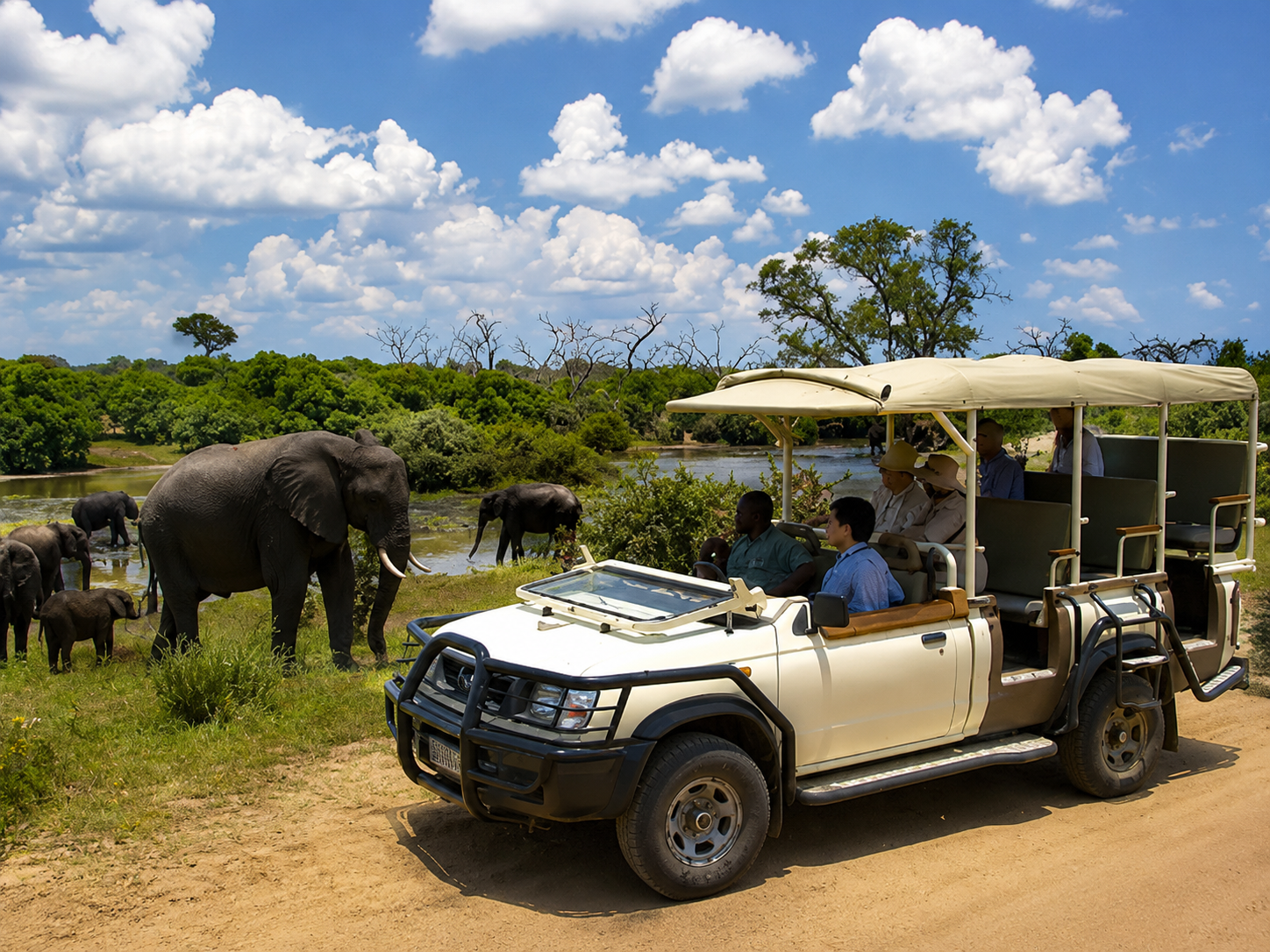 Tourists enjoying a game drive in Botswana during their 10 Days Botswana and Victoria Falls Safari experience the thrill of exploring Africa’s untouched wilderness. Travelling through vast savannah landscapes, they search for incredible wildlife including elephants, lions, buffalo, giraffes and antelopes while guided by experienced safari experts. The adventure offers unforgettable sightings, breathtaking scenery and amazing photography opportunities, showcasing the beauty and diversity of Botswana’s famous national parks and wildlife reserves.
