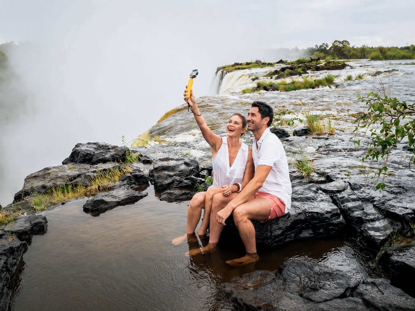 A couple enjoying their honeymoon holiday at Victoria Falls, taking in the breathtaking romantic views of the magnificent waterfall as they share a special moment together. Surrounded by the beauty and tranquillity of nature, they reflect on their love, intimacy, and unforgettable memories created during their African adventure.