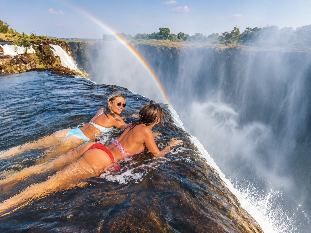 Tourists enjoying a thrilling swim in Devil’s Pool at Victoria Falls on the Zambian side, experiencing the breathtaking waterfall scenery and unique natural adventure above the Zambezi River.