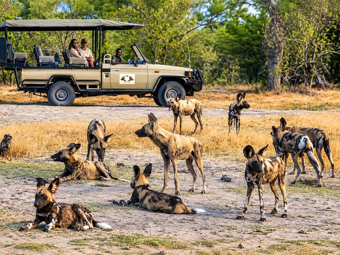 African wild dogs on a game drive in Khwai Botswana