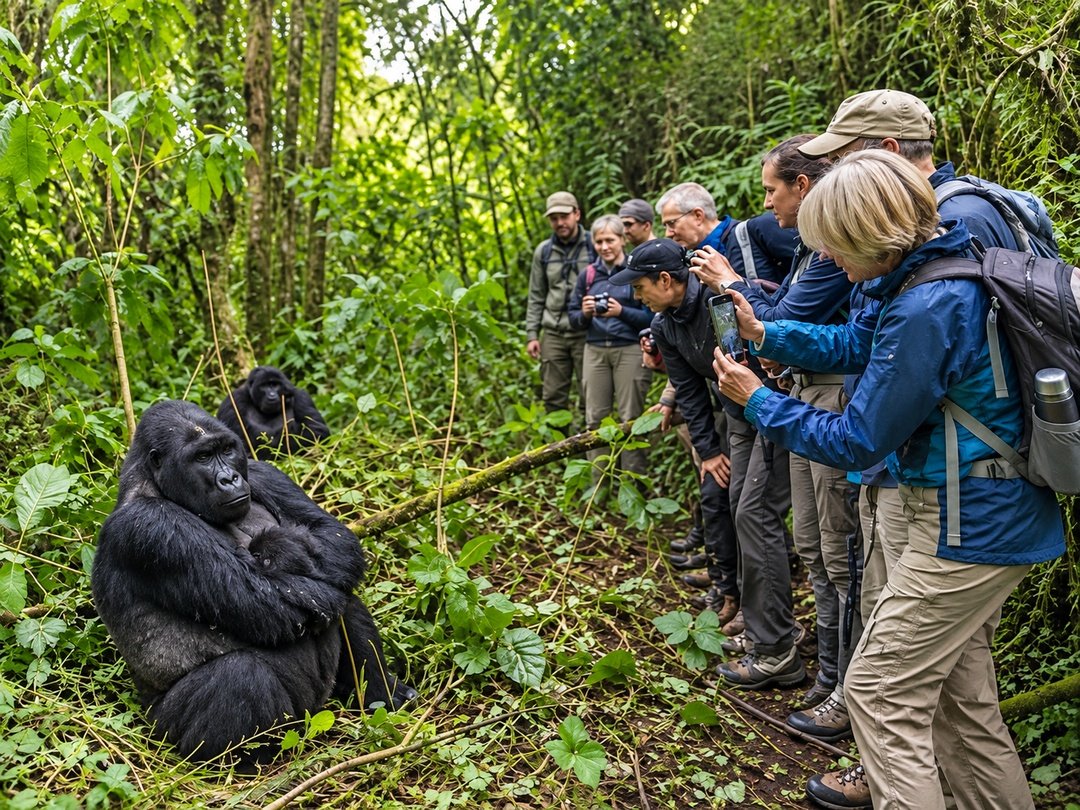 Travellers trekking mountain gorillas in Bwindi Impenetrable National Park during the 3 Days Gorilla Trekking Group Joining Safari in UgandaImage Caption: