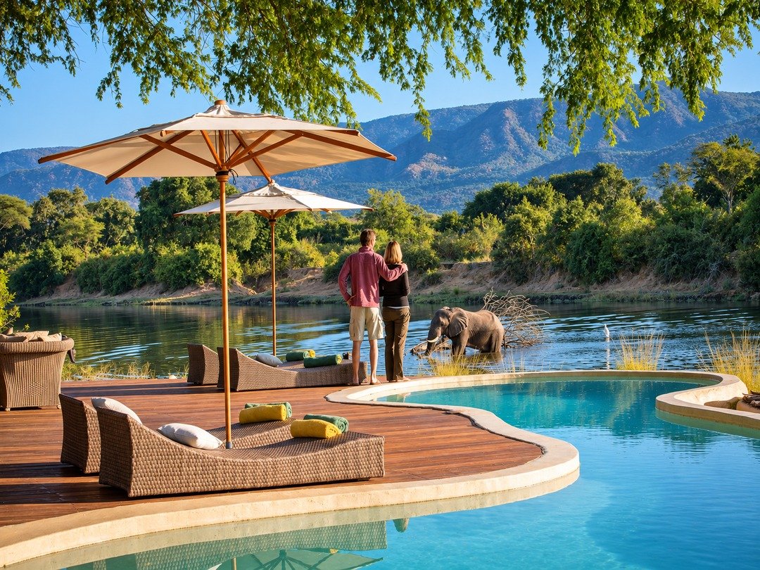 A couple enjoying a honeymoon safari experience in Zambia surrounded by stunning wilderness and wildlife landscapes