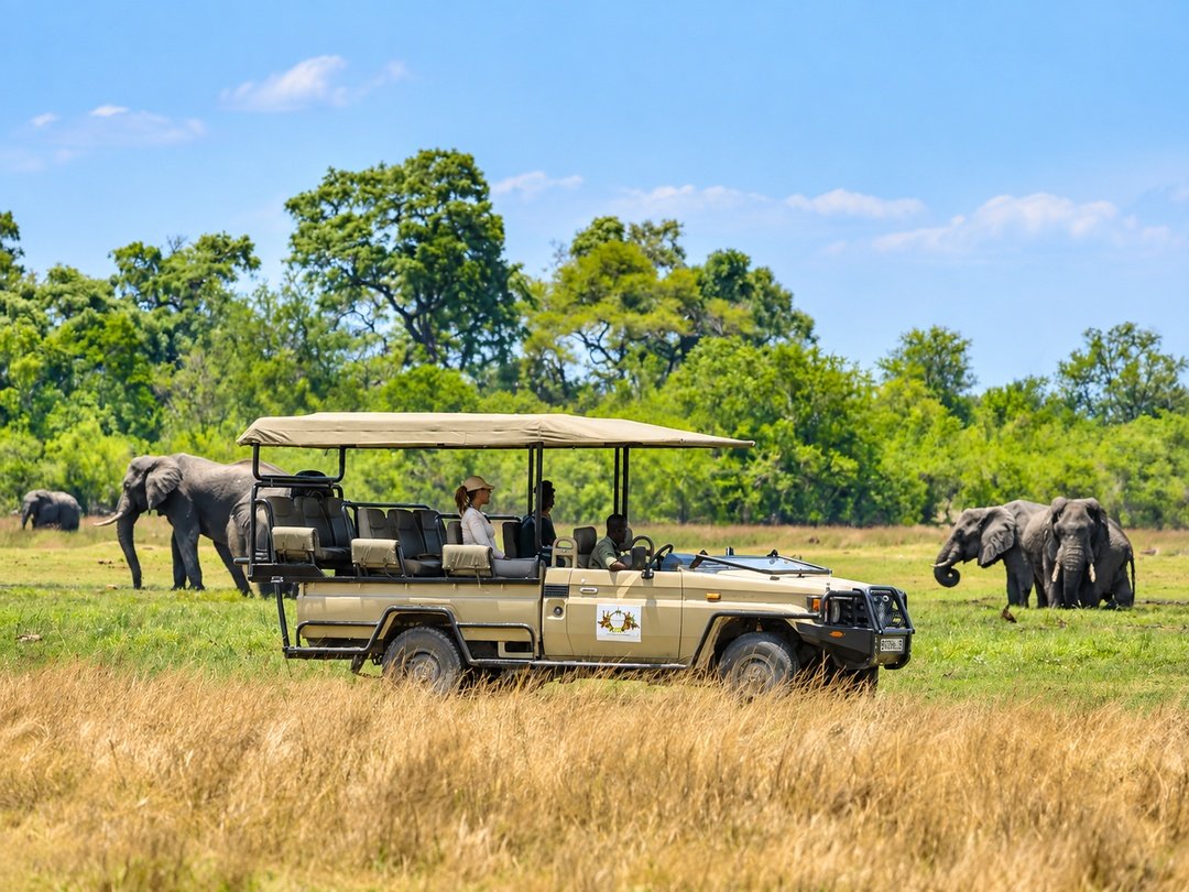 Tourists on a guided game drive in Khwai, Botswana observing wildlife in the wilderness