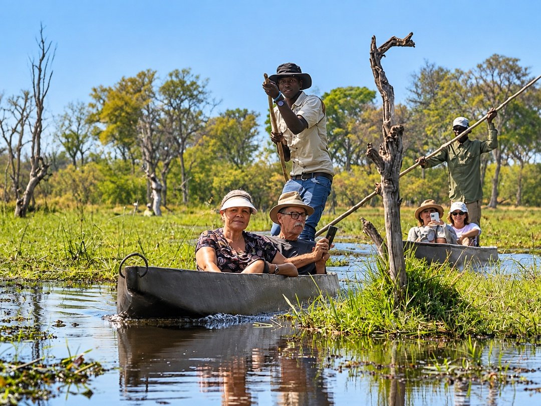 Tourists enjoying a guided mokoro boat safari in Khwai, Botswana