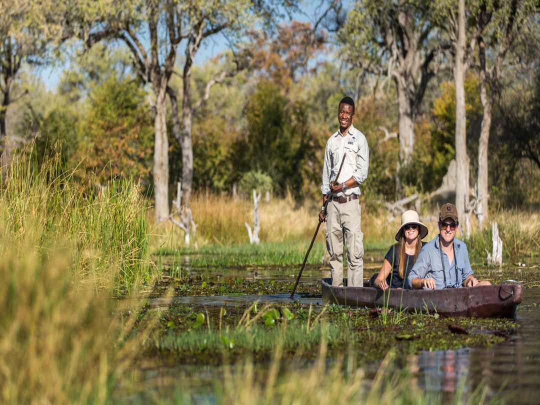 Tourists enjoying a guided Khwai Mokoro safari in Botswana’s wilderness