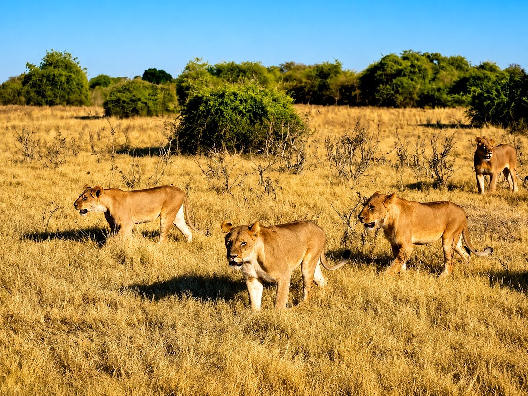 Lions moving through the dry season grasslands of Chobe National Park, Botswana, during a Victoria Falls and Botswana wildlife safari