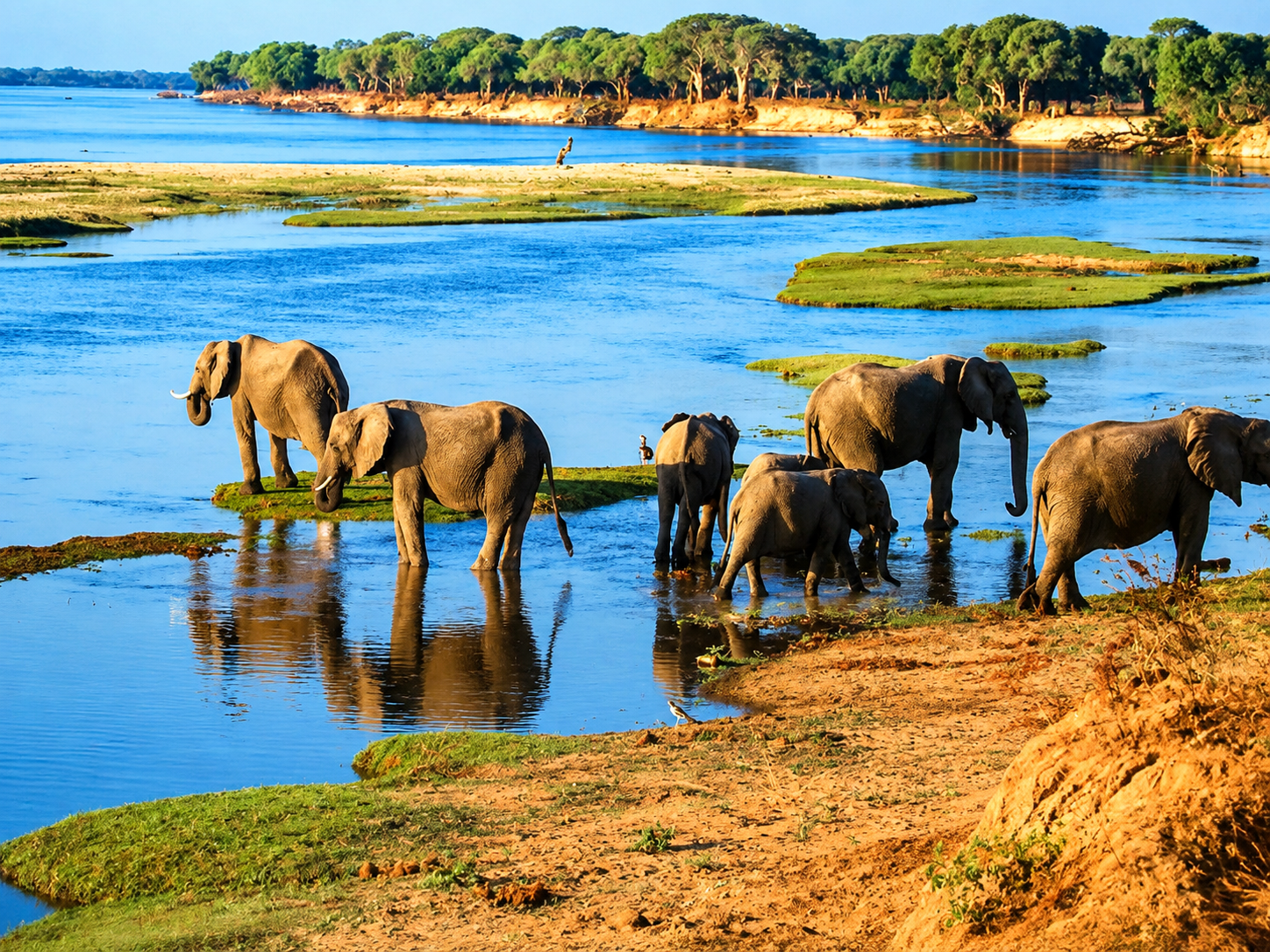 Elephants gathering around a water source in Mana Pools National Park during a Victoria Falls and Zimbabwe wildlife safari.