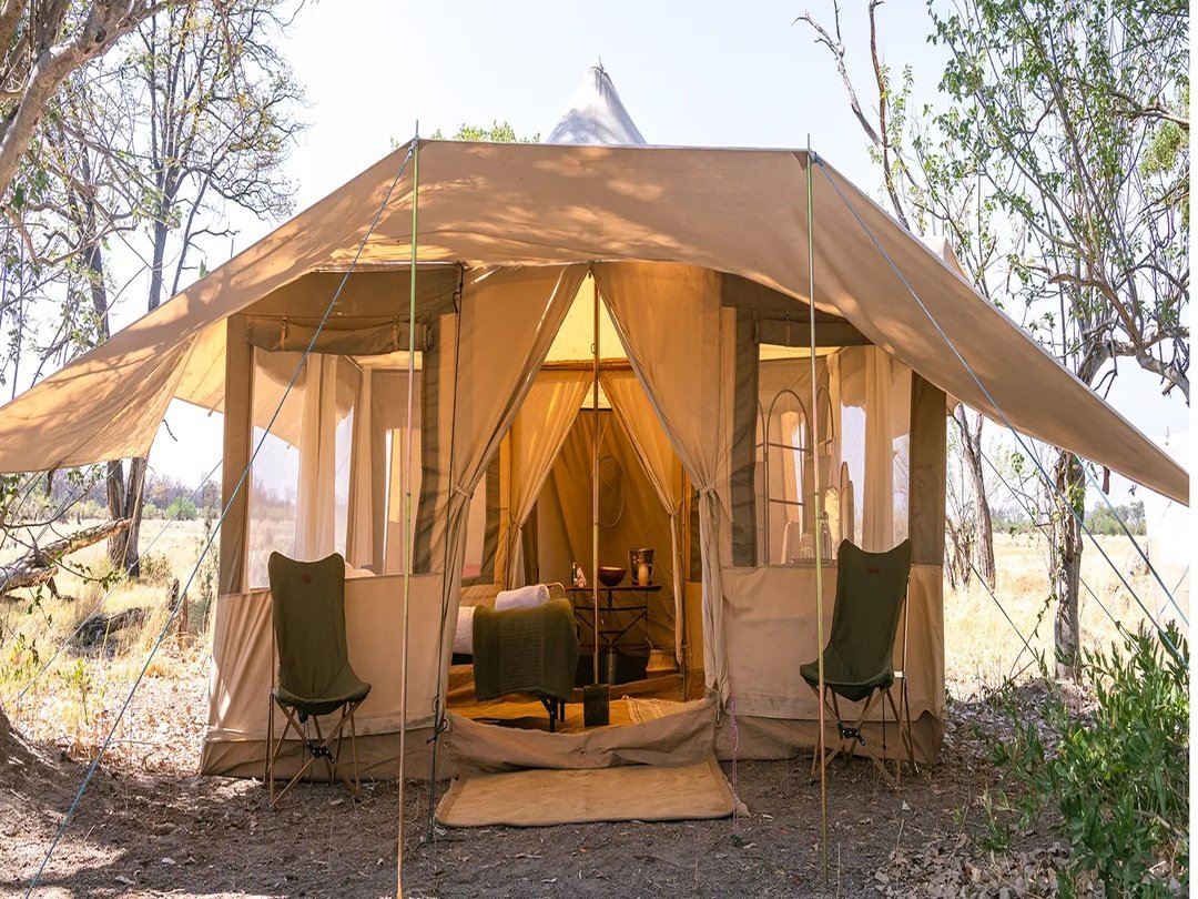 A mobile camping safari camp pitched in Savuti, Botswana wilderness