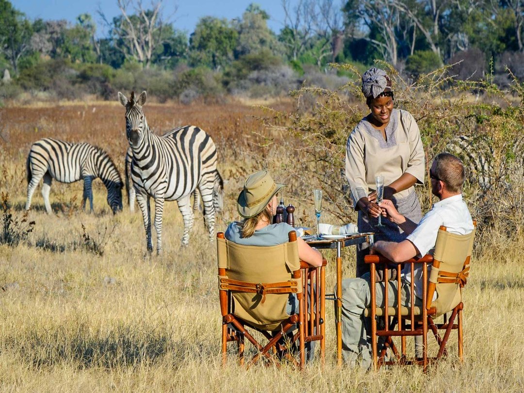 Couple enjoying a luxury bush breakfast during an African safari adventure