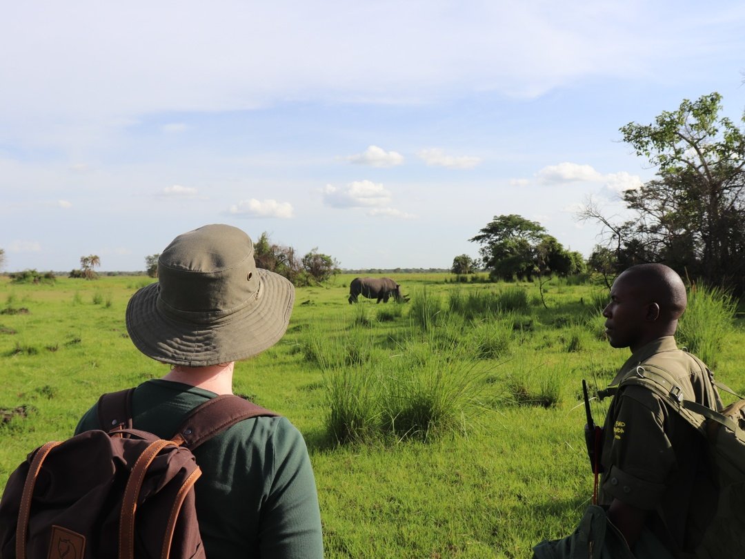 Tourist observing wildlife with a ranger during a safari experience in Uganda’s national park savannah landscape