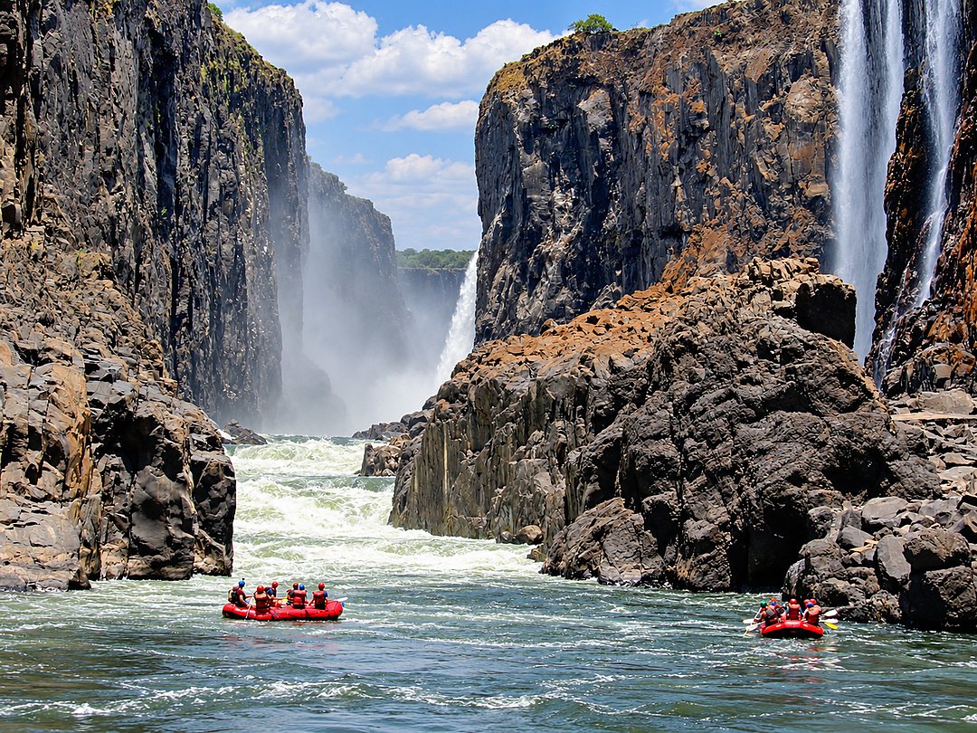 White-water rafting on the Zambezi River through Batoka Gorge below Victoria Falls.