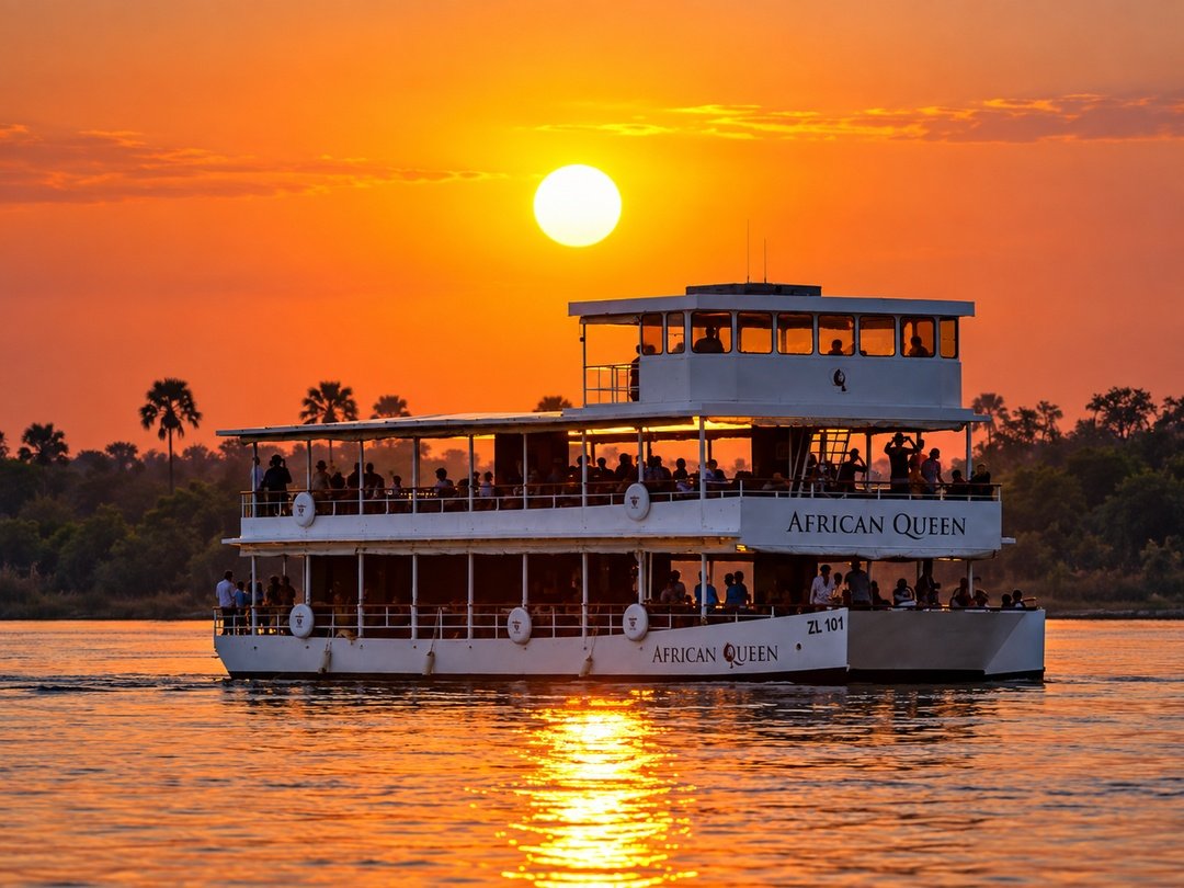 Tourists enjoying a Zambezi River sunset cruise, relaxing aboard a riverboat while watching the golden sunset over the peaceful water and surrounding African landscape.