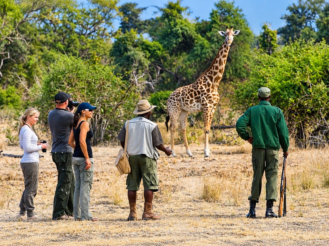 Tourists enjoying a guided walking safari.