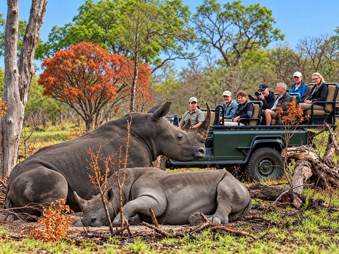 Tourists enjoying a game drive during their Victoria Falls and Kruger Luxury Safari, exploring South Africa’s wildlife and scenic wilderness from a safari vehicle.