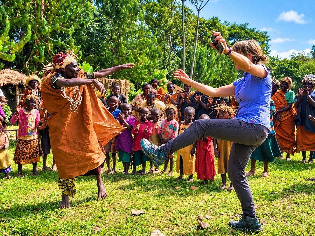 A tourist enjoying a Batwa community experience near Bwindi Impenetrable National Park, Uganda.