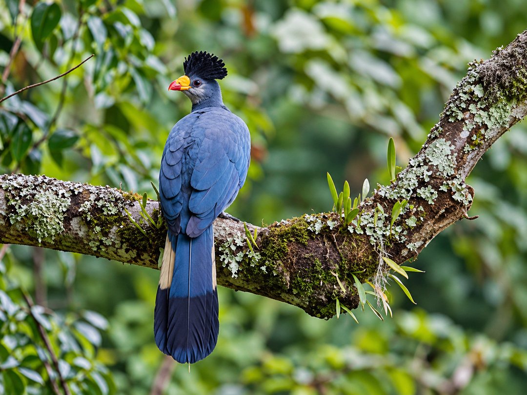 Great blue turaco with blue-grey feathers, black crest and colourful beak perched on a moss-covered tree branch in a lush forest in Bwindi.