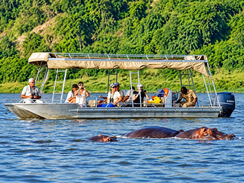 Tourists enjoying a group boat safari on the Kazinga Channel in Queen Elizabeth National Park