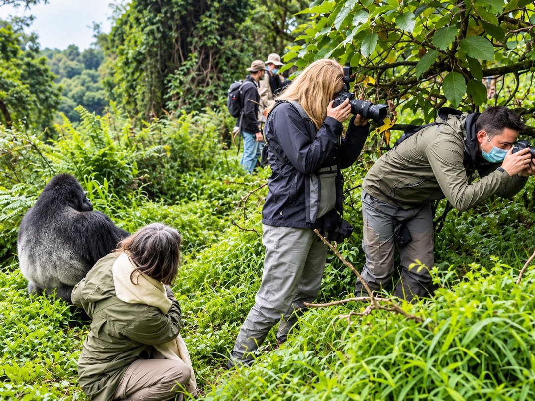 Tourists enjoying gorilla trekking in Bwindi Impenetrable National Park, Uganda