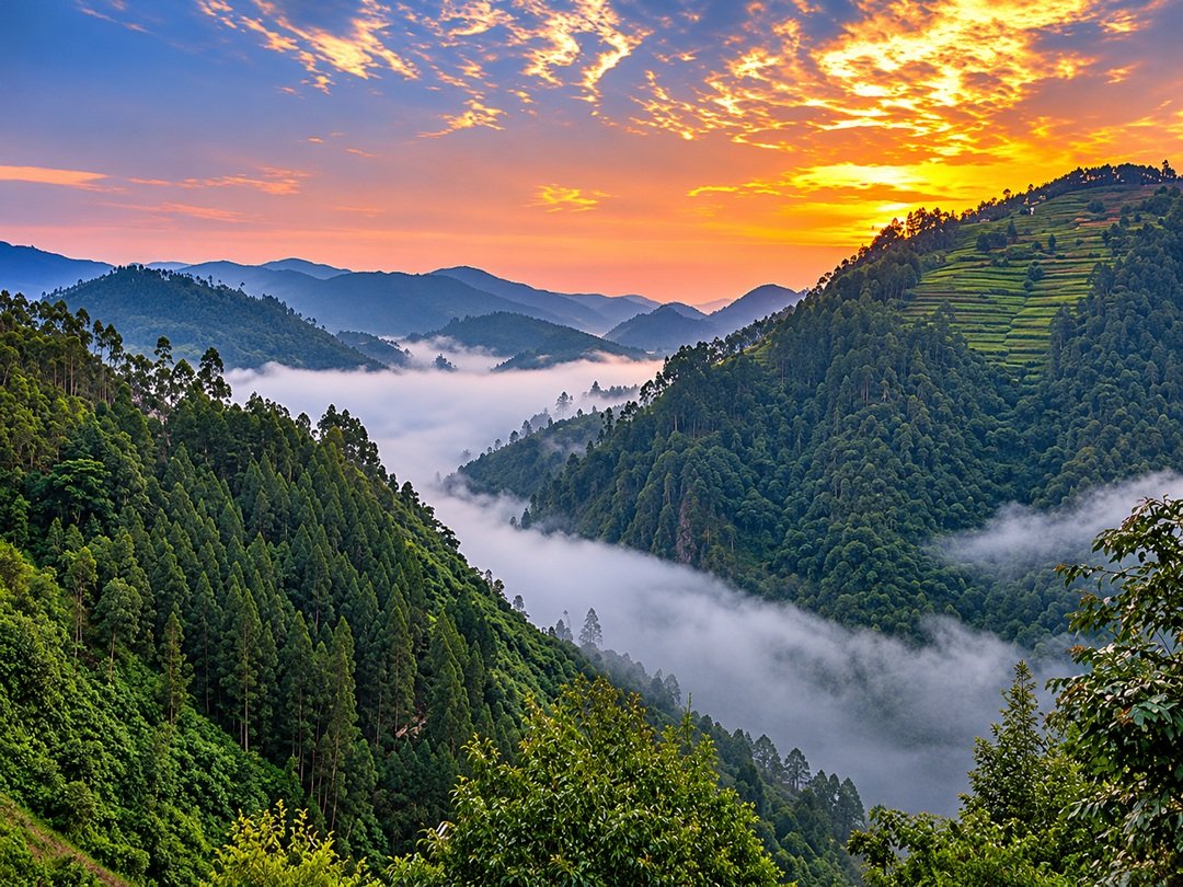 Mist-covered forested hills at sunrise in Bwindi Impenetrable National Park, Uganda.