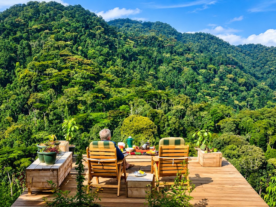 Tourist relaxing on a wooden viewing deck overlooking the lush tropical rainforest and green hills of Bwindi Impenetrable National Park, Uganda.