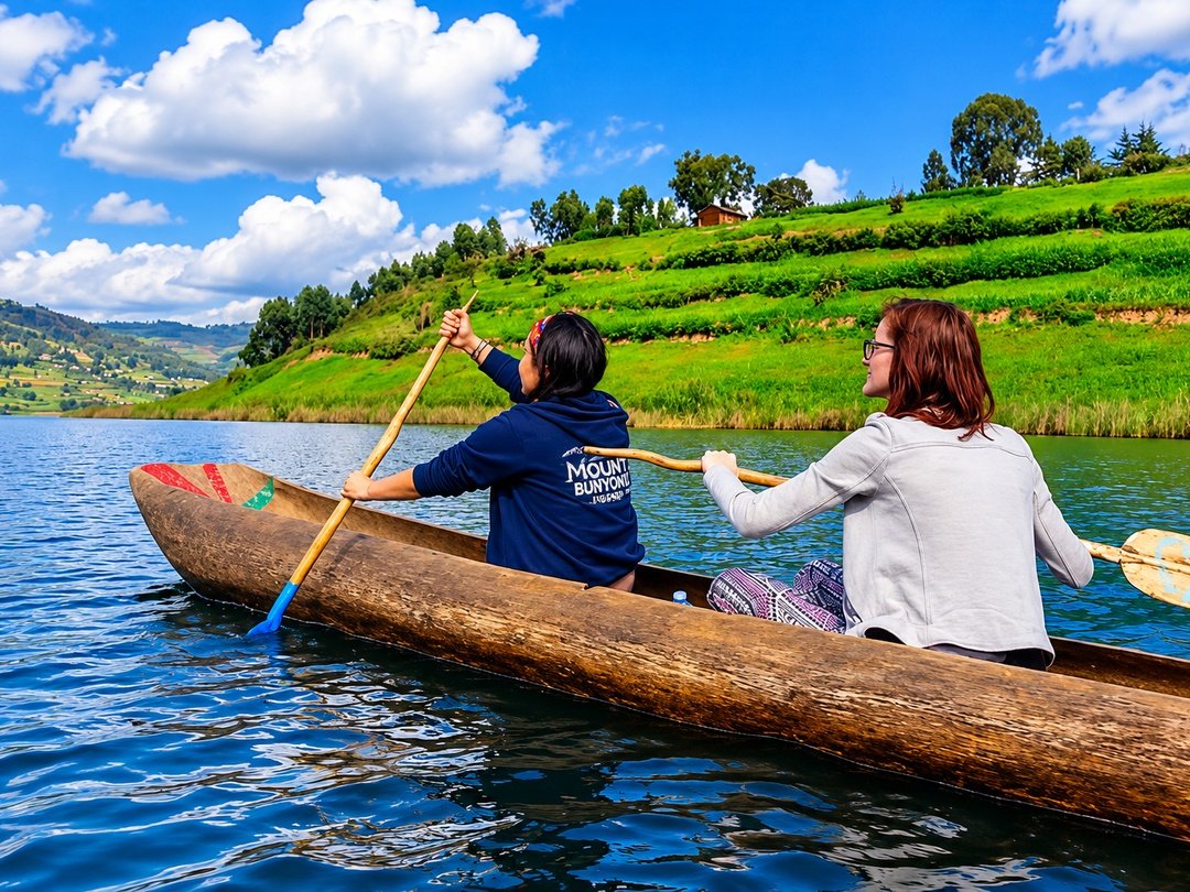 Tourists enjoying canoeing on Lake Bunyonyi in southwestern Uganda.