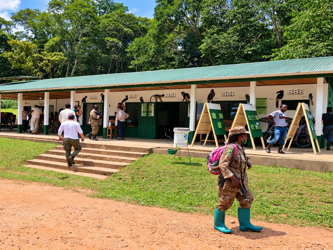 Tourists attending a chimpanzee habituation briefing at Kibale National Park, Uganda