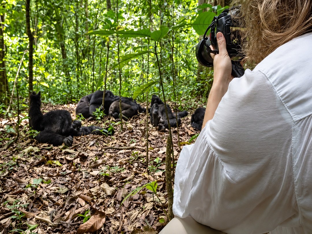 A tourist taking photos of chimpanzees in Kibale Forest National Park, Uganda