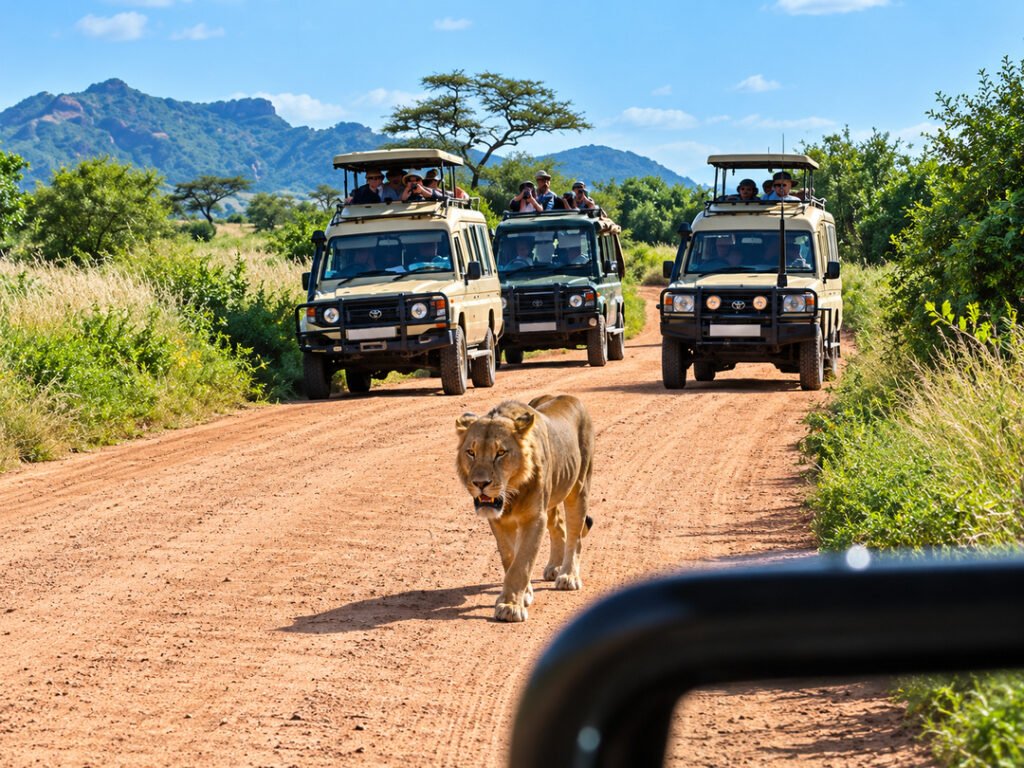 Tourists enjoying a game drive in Murchison Falls National Park during their group joining safari in Uganda