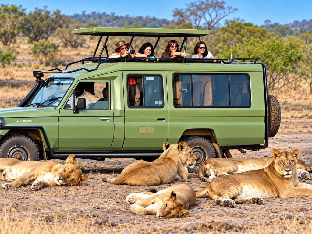 Tourists encountering lions during a game drive in Queen Elizabeth National Park
