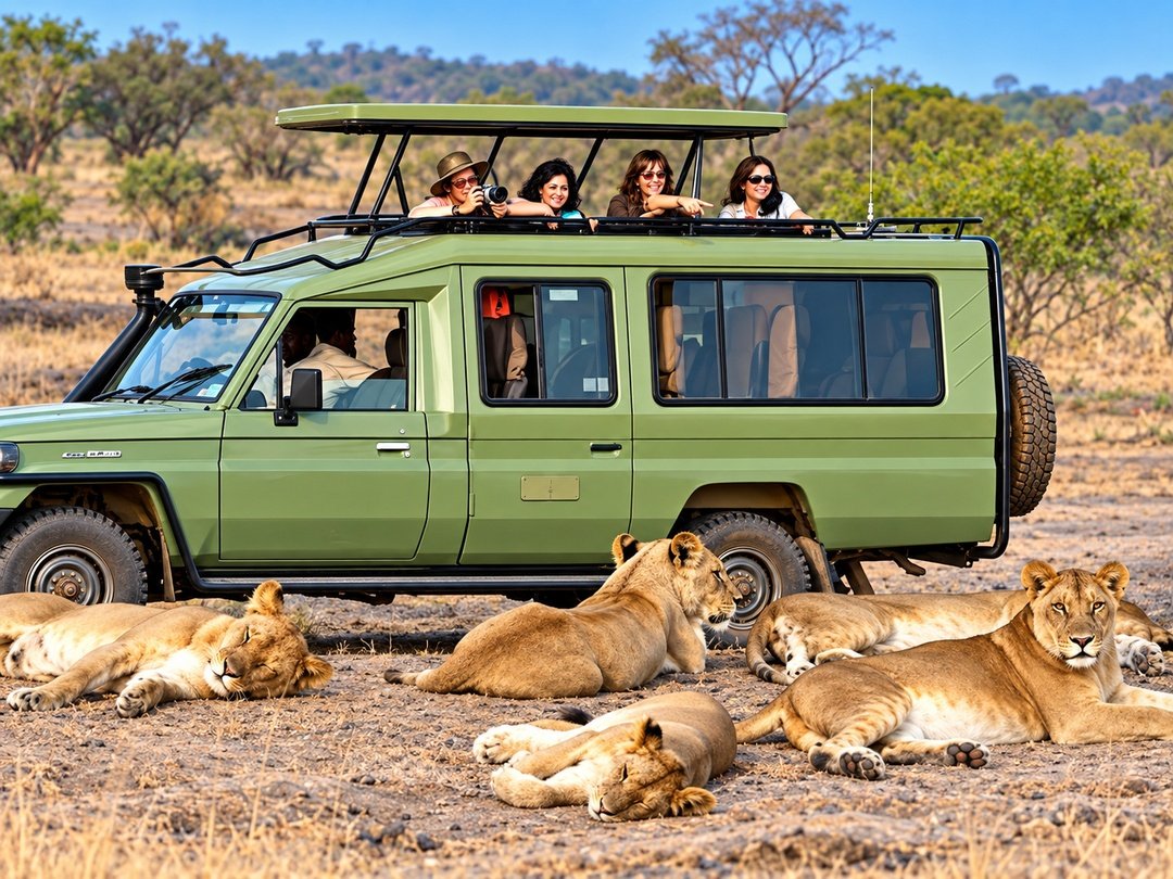 Tourists enjoying a game drive in Queen Elizabeth National Park during a Uganda safari