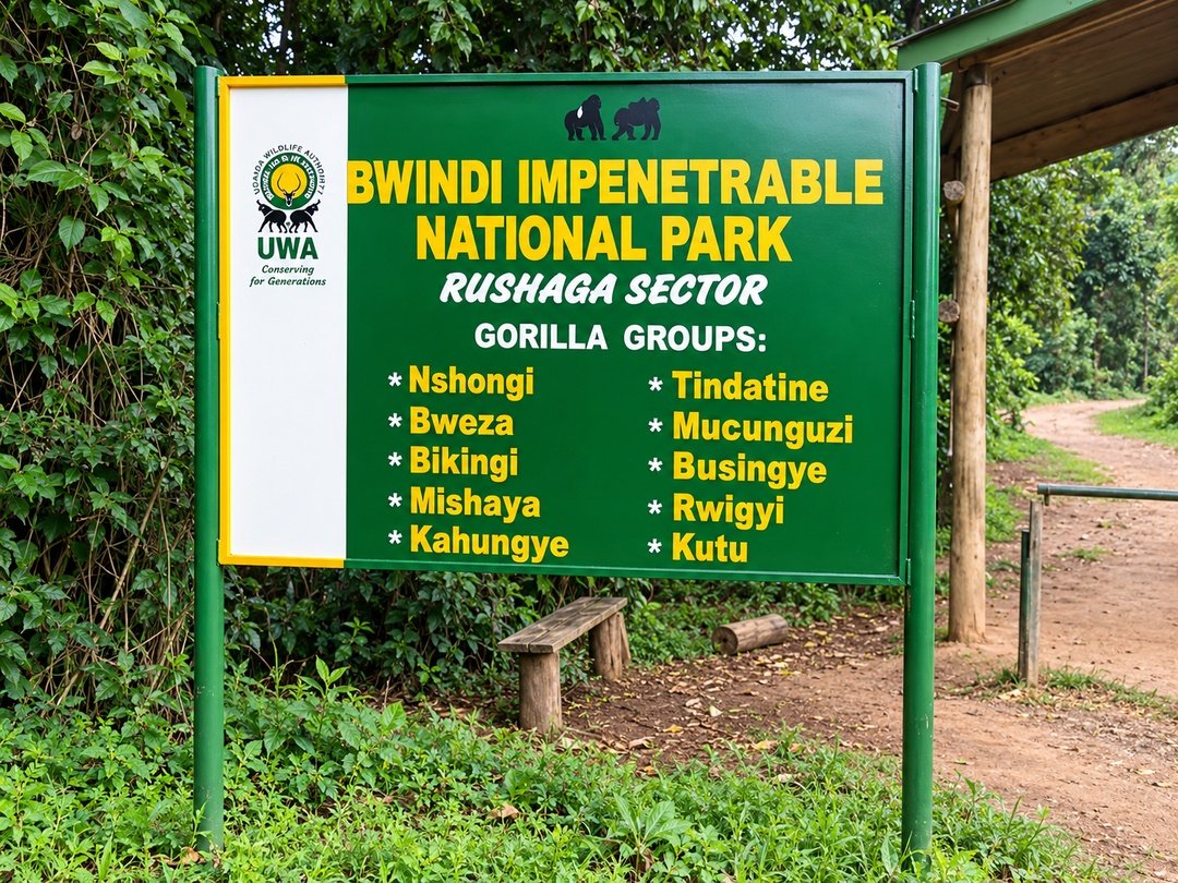 Rushaga Sector sign showing 10 gorilla families in Bwindi Impenetrable National Park