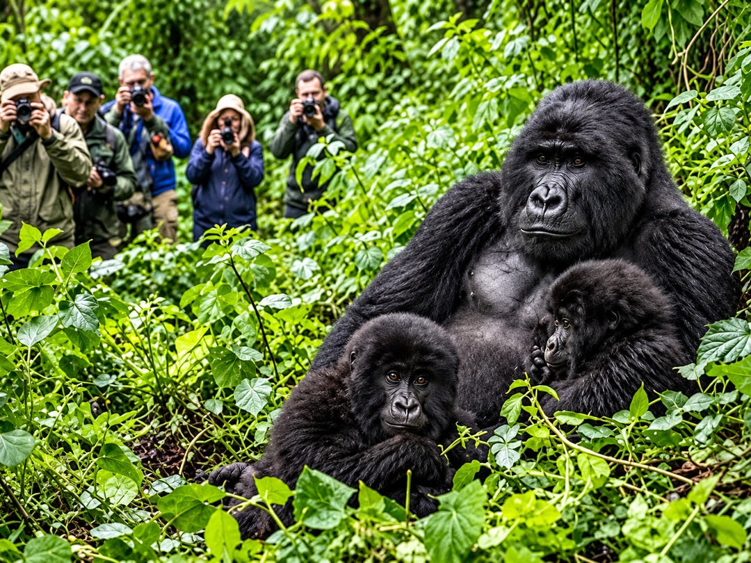 Mountain gorilla with two young gorillas resting in lush rainforest vegetation as tourists take photographs during a 4 Days Budget Gorilla Experience in Bwindi.