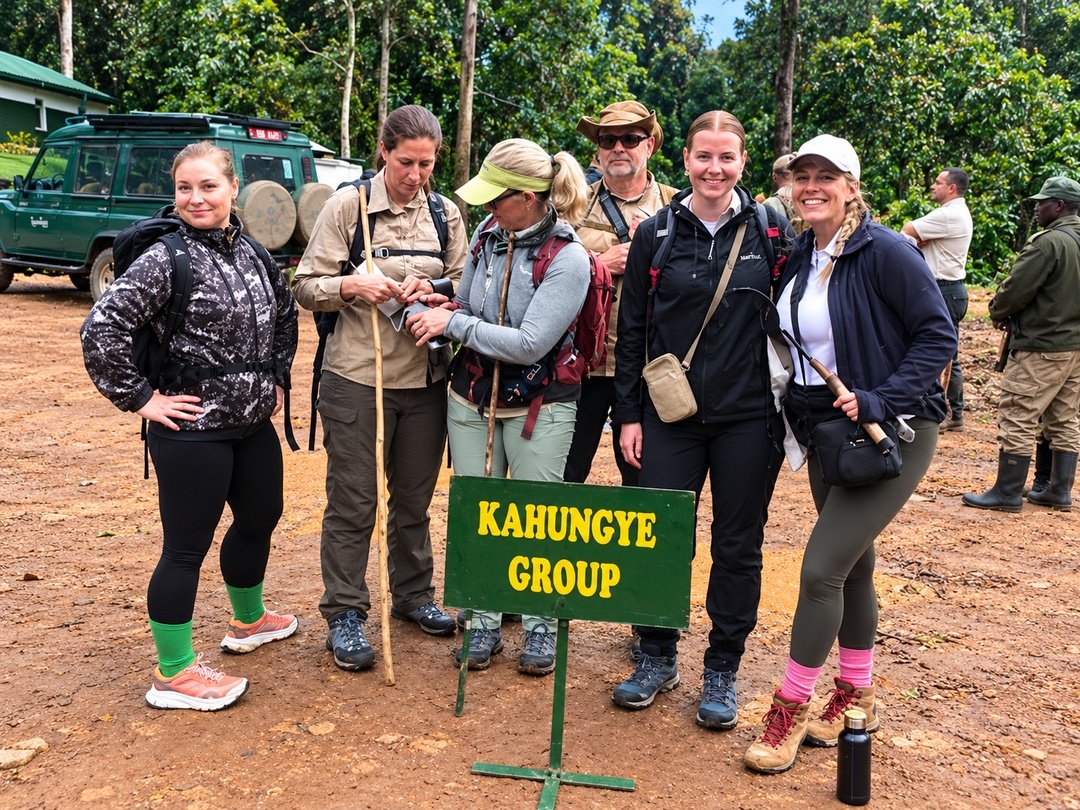 Tourists attending a gorilla briefing in Bwindi Impenetrable National Park during the 7 Days Gorilla Habituation and Queen Elizabeth Wildlife Safari in Uganda.