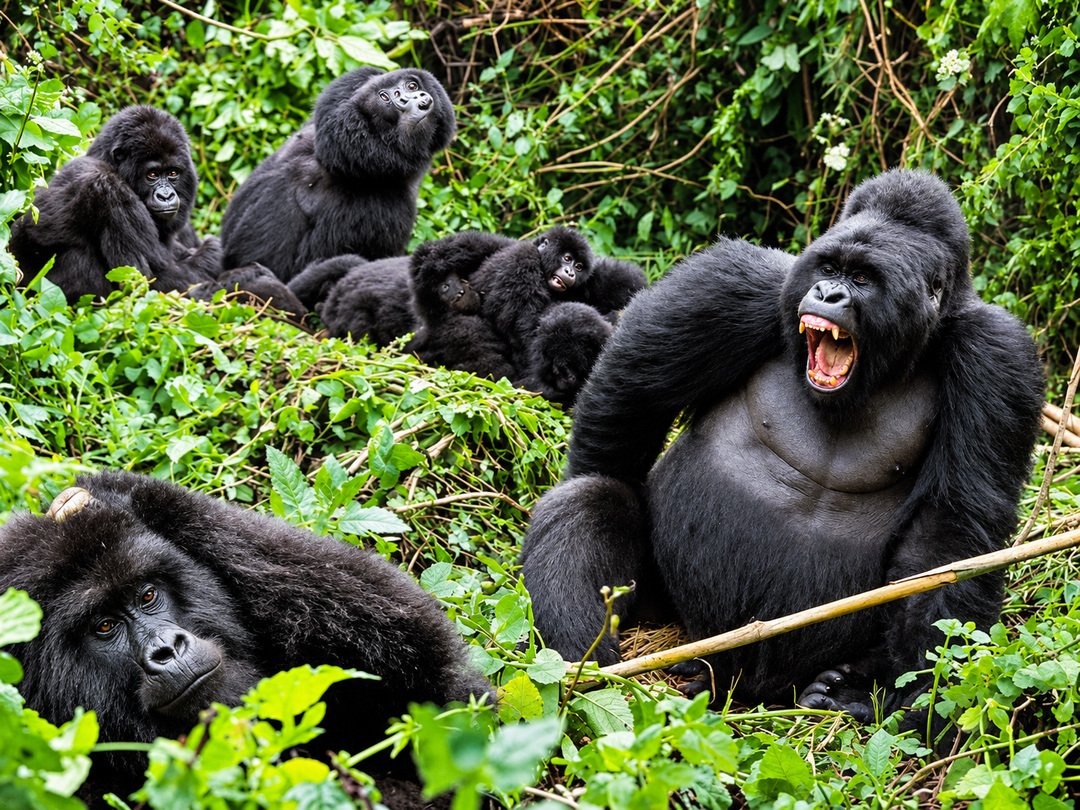 Mountain gorilla family surrounded by lush green rainforest vegetation, featuring a silverback with its mouth open and several gorillas resting nearby.