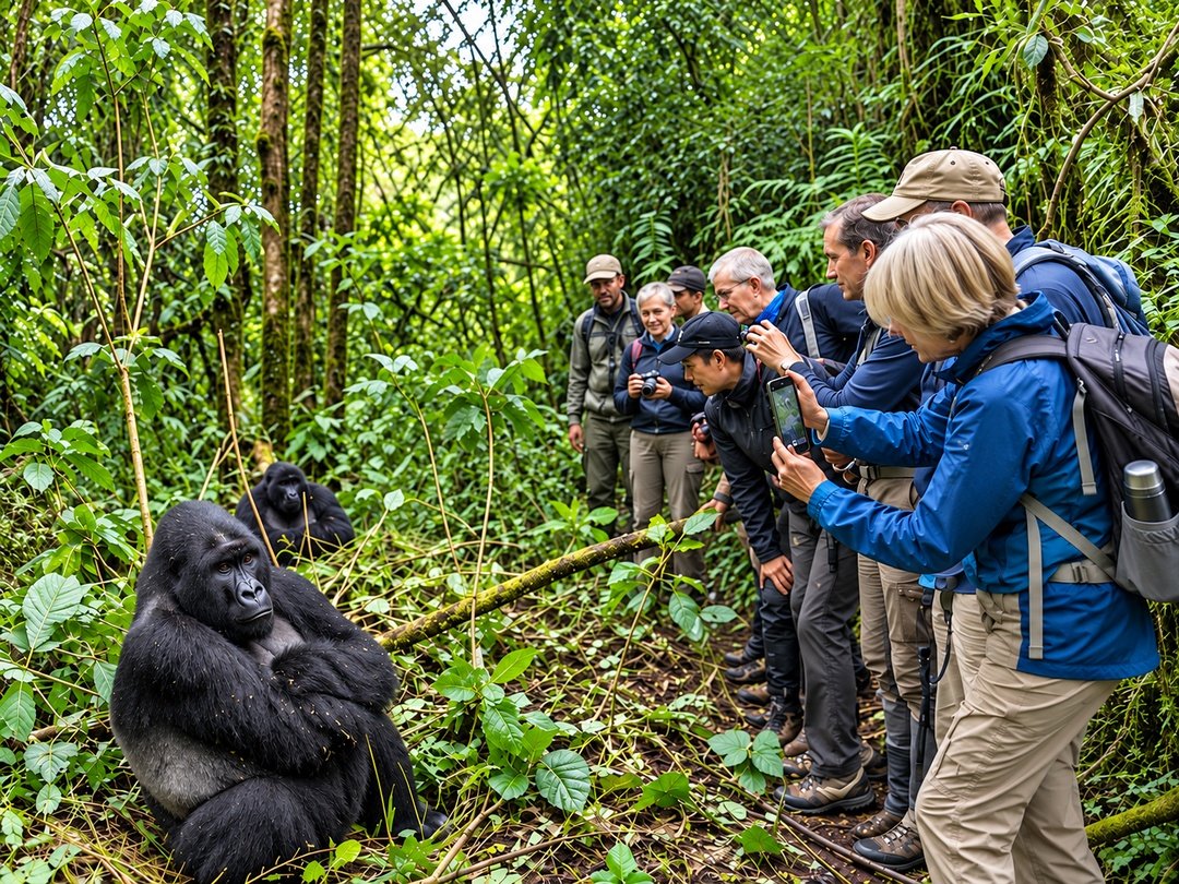 Tourists enjoying gorilla habituation in Rushaga, Bwindi Impenetrable National Park