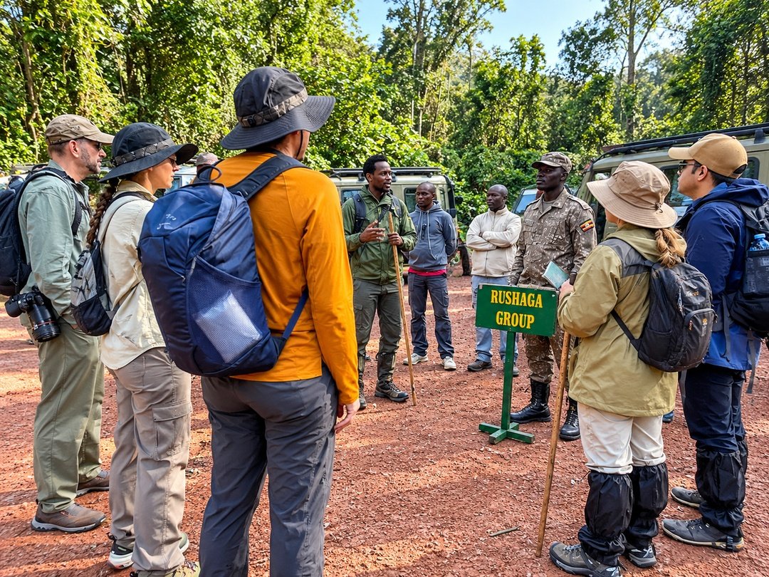 Tourists attend a gorilla trekking briefing in Rushaga, Bwindi Impenetrable National Park.