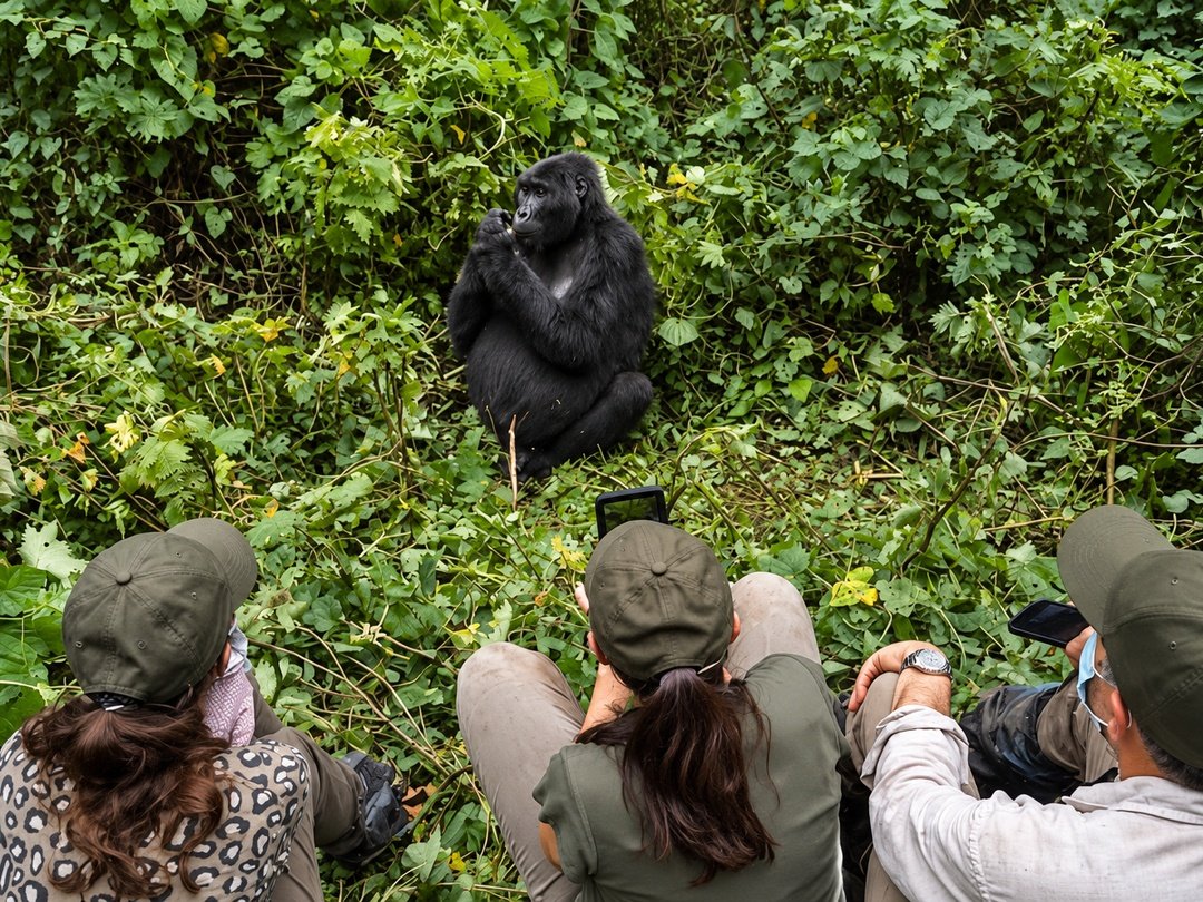 Adventure travellers enjoying a mountain gorilla encounter in Bwindi Impenetrable National Park.