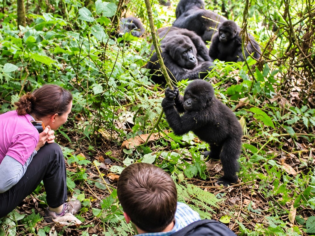 Tourists enjoy gorilla trekking in Rushaga, Bwindi Impenetrable National Park.