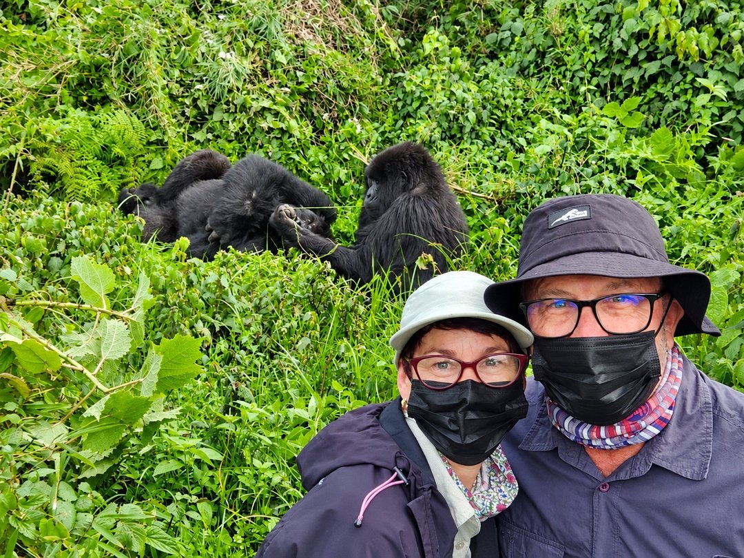 Tourists enjoying gorilla trekking in Volcanoes National Park, Rwanda