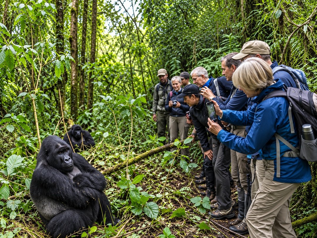 Tourists enjoy a memorable moment with a silverback gorilla in Bwindi Impenetrable National Park during their group joining safari in Uganda