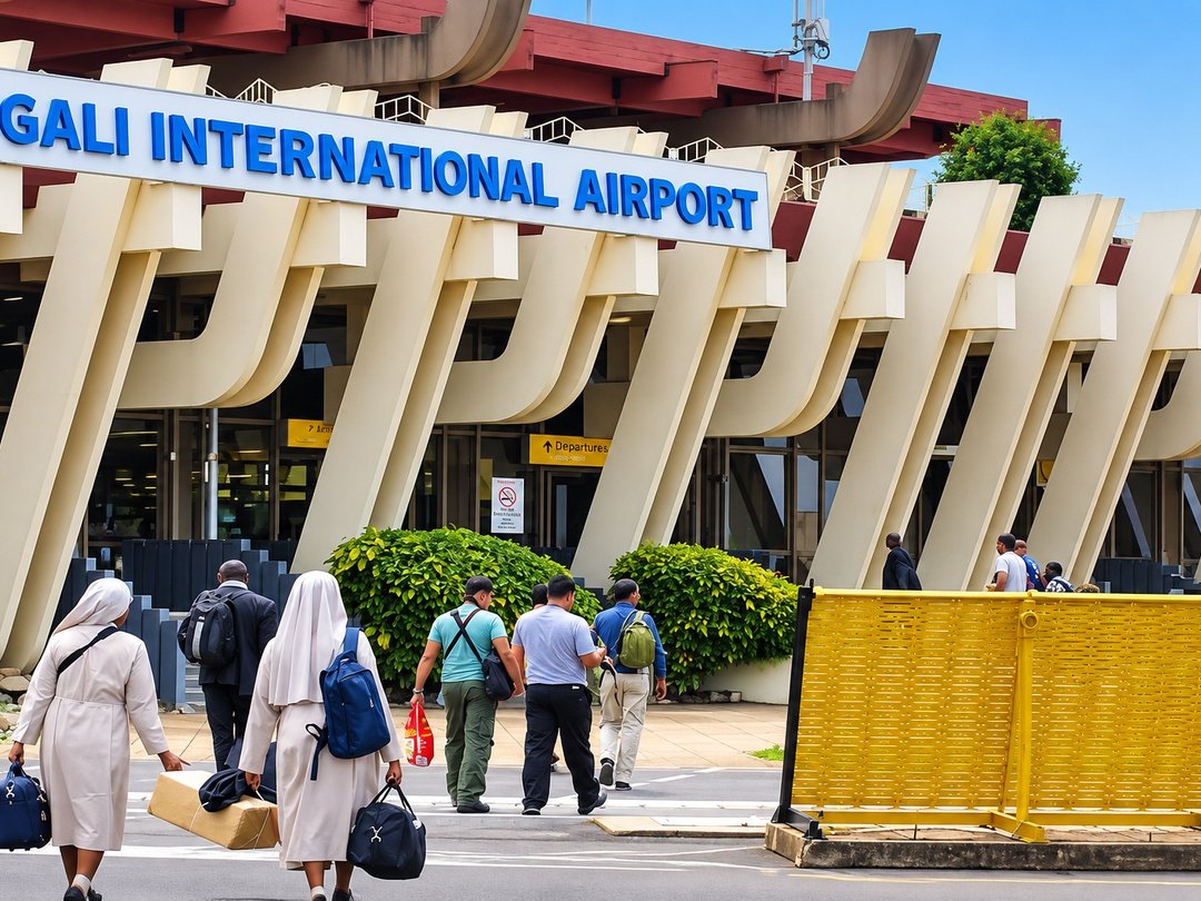 Kigali International Airport terminal in Rwanda with travellers arriving and departing
