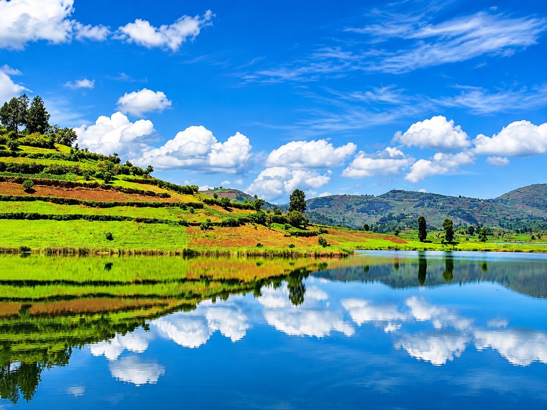 Scenic lake reflecting blue skies and white clouds, with green terraced hills during a 4 Days Budget Gorilla Experience in Bwindi, Uganda.