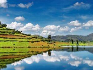 Lake Bunyonyi surrounded by green terraced hills and farmland in southwestern Uganda